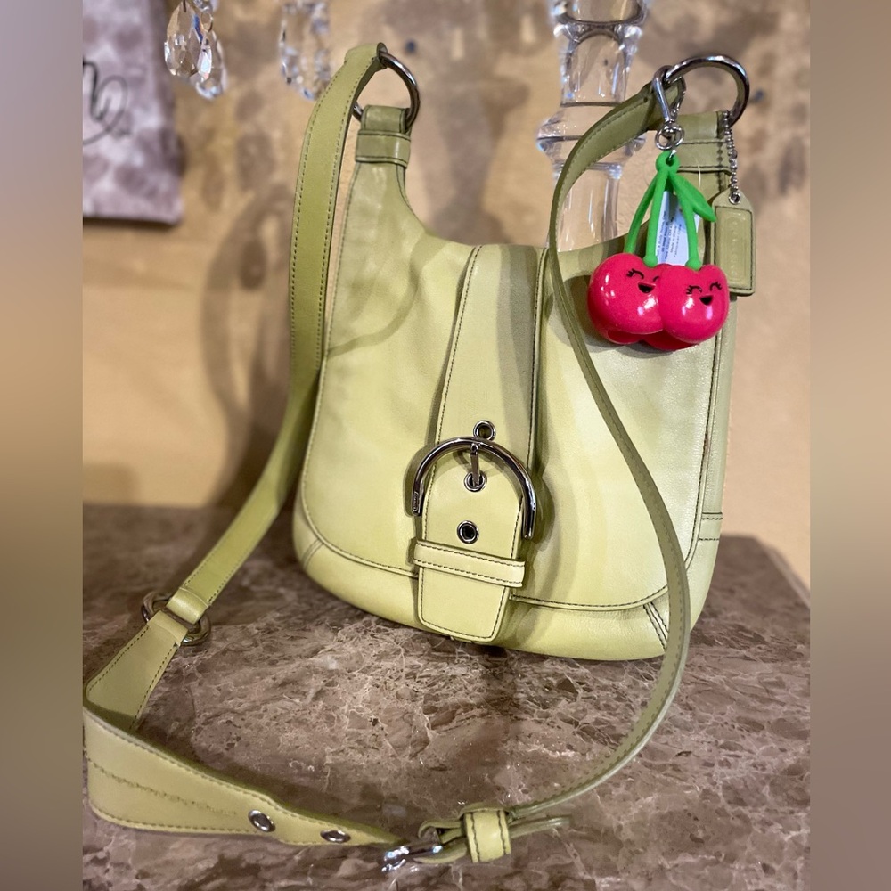 COACH Vintage Soho Buckle Flap Shoulder Bag Chartreuse Leather W/Cherry Charm